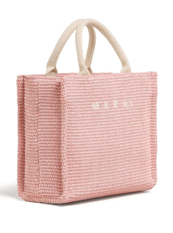 Pink Tote Bag With Logo Embroidery Rafia Effect Fabric Woman Cotton Polyamide Hand