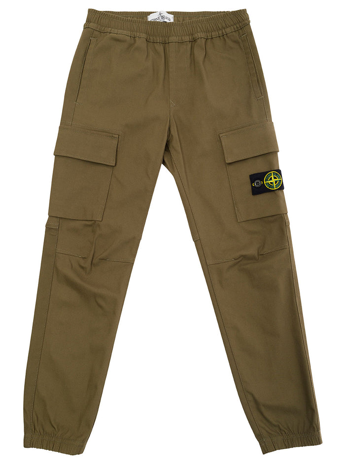 Green Pants With Patch Pockets And Logo Cotton Blend Boy Polyammide Elastan Trousers