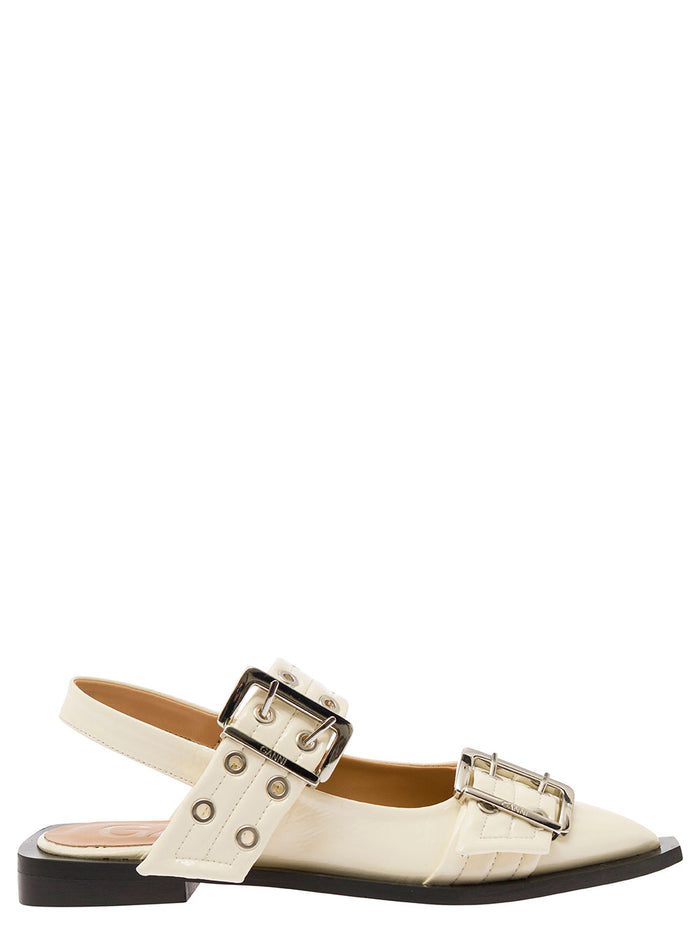 White Slingback Ballet Flats With Chunky Buckle Recycled Polyester Blend Woman Polyurethane Cotton Ballerinas