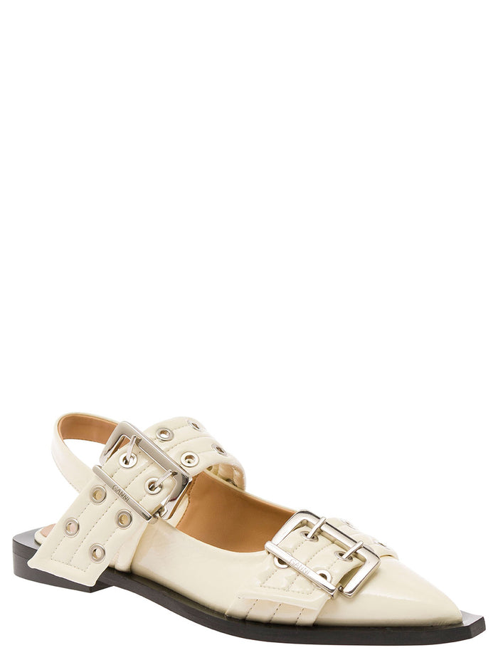 White Slingback Ballet Flats With Chunky Buckle Recycled Polyester Blend Woman Polyurethane Cotton Ballerinas