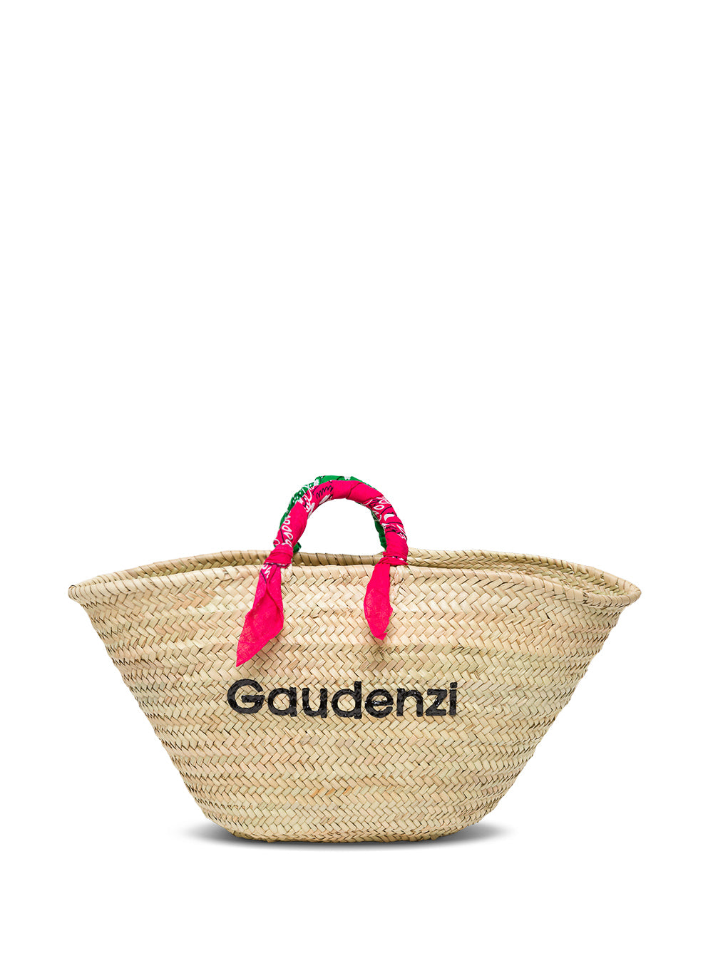 Gaudenzi Womans Straw Handbag With Rubber Logo And Bandana Printed Handles Beige Tote Bags