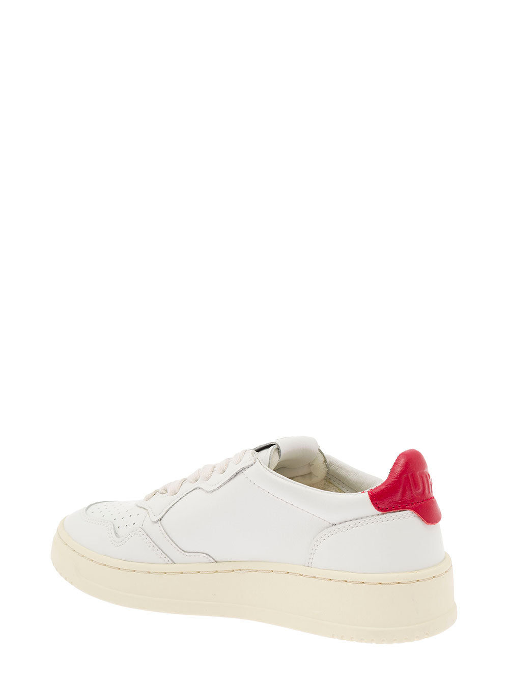 Low-Top White Sneakers Leather With Red Heel Tab Autry Woman Cow