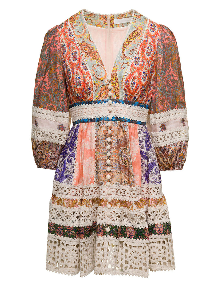 Mini Multicolor Dress With Puff Sleeves And All-Over Paisley Print Linen Woman