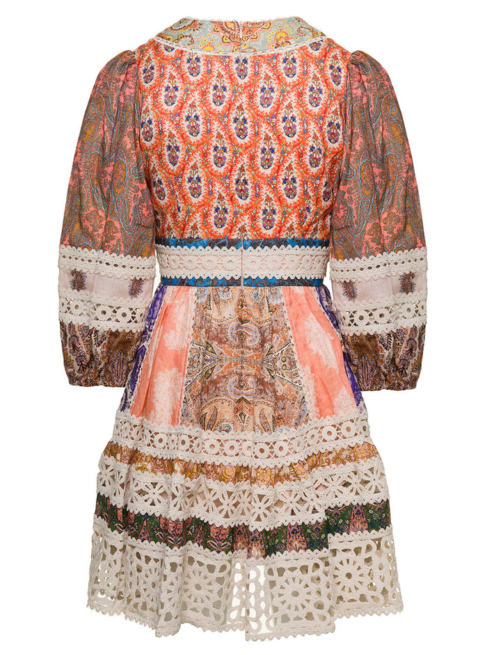 Mini Multicolor Dress With Puff Sleeves And All-Over Paisley Print Linen Woman