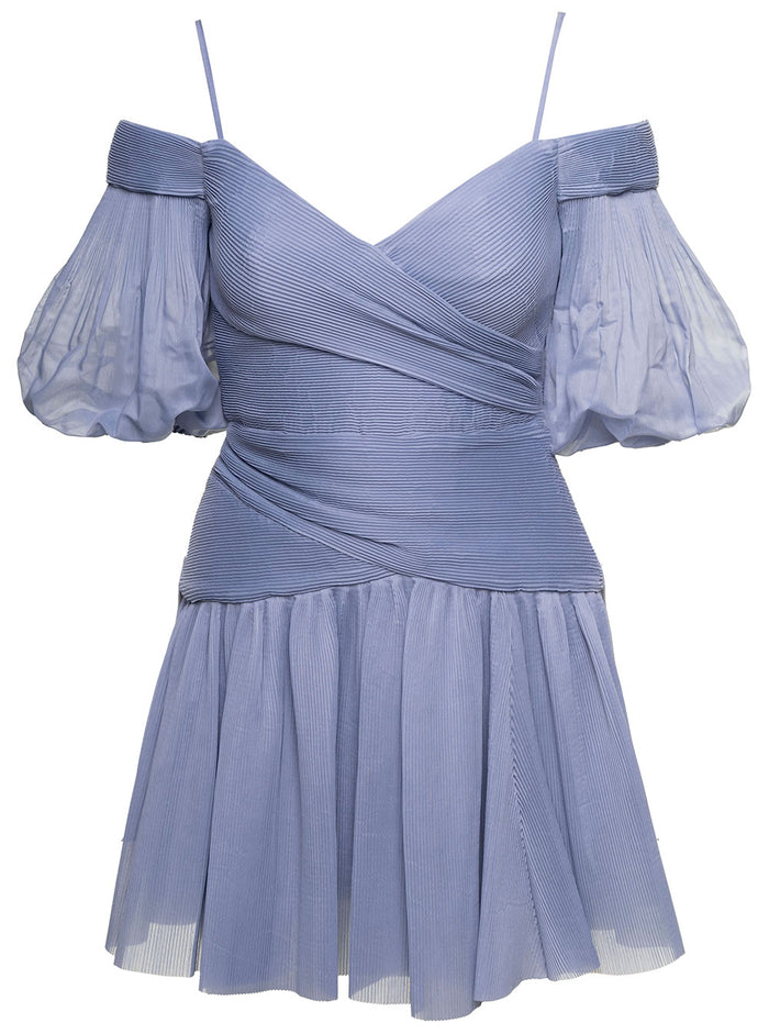 Light-Blue Pleated Mini Dress Chiffon Woman Light Blue Polyester
