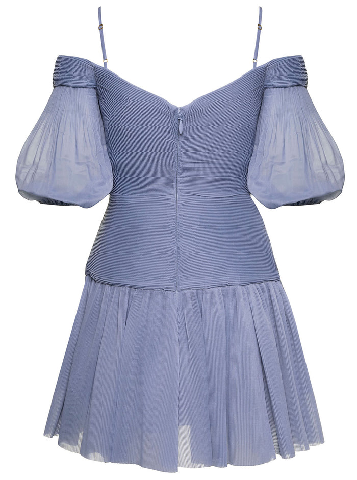 Light-Blue Pleated Mini Dress Chiffon Woman Light Blue Polyester