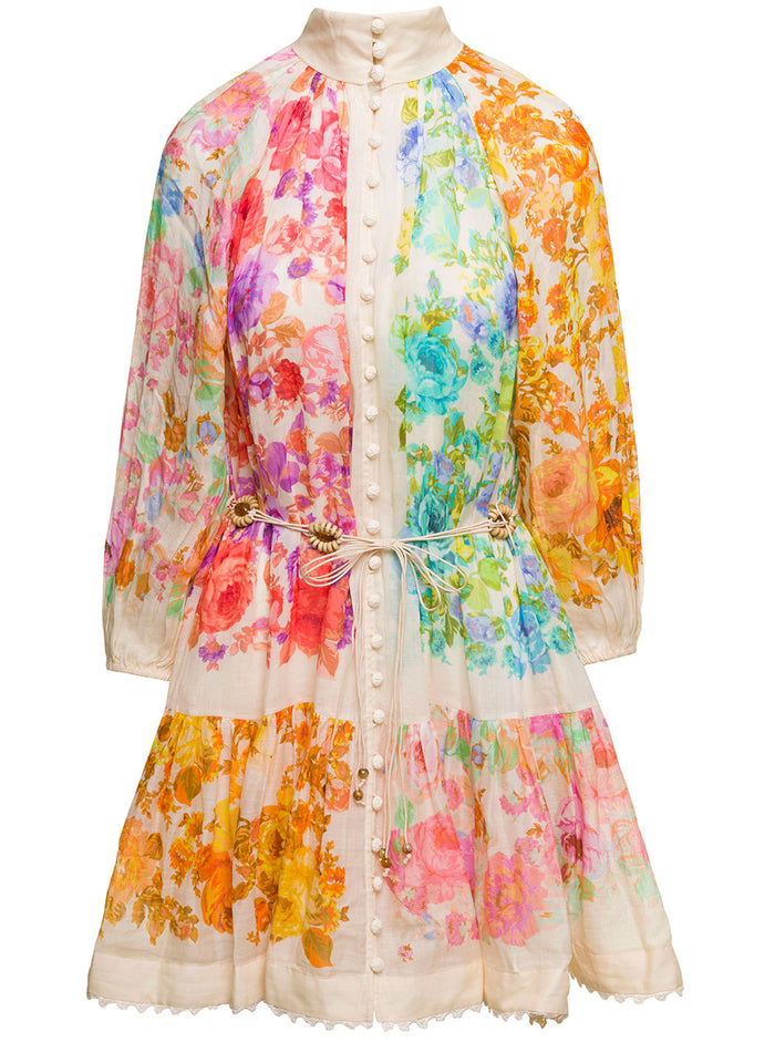 Raie Lantern Mini Multicolor Dress With Floreal Print And Covered Buttons Ramiè Woman Ramie