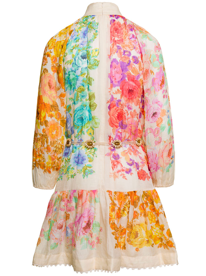 Raie Lantern Mini Multicolor Dress With Floreal Print And Covered Buttons Ramiè Woman Ramie