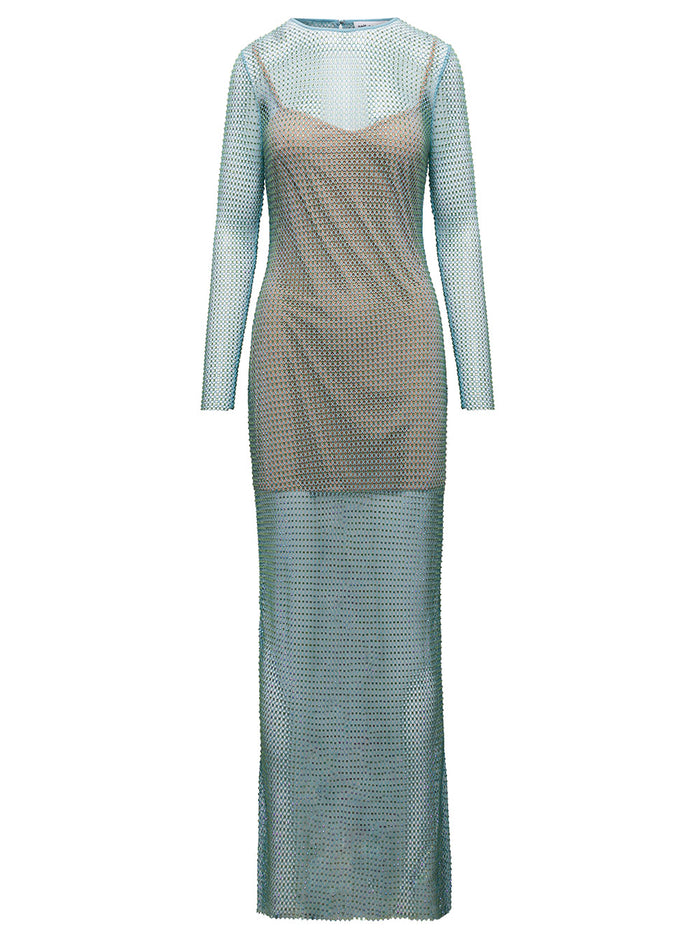Crystal Embellished Fishnet Dress Light-Blue Technical Fabric Woman Light Blue Polyester