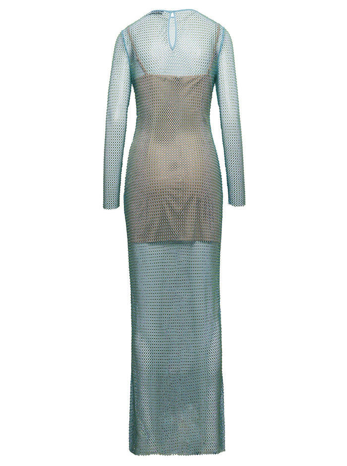 Crystal Embellished Fishnet Dress Light-Blue Technical Fabric Woman Light Blue Polyester