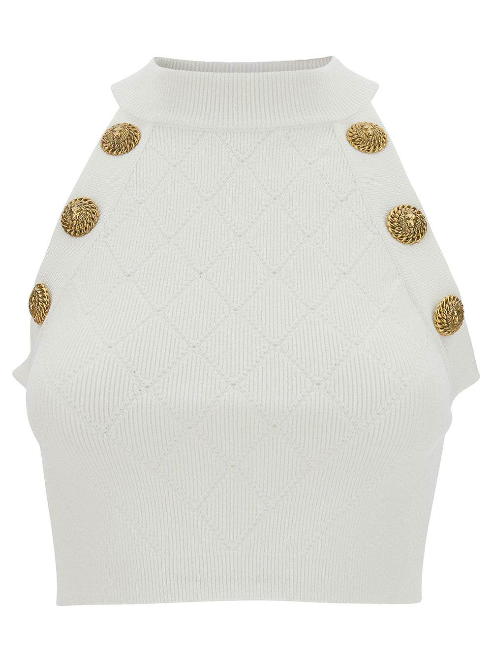 White Sleeveless Crop Top With Jewel Buttons Viscose Blend Woman Polyester