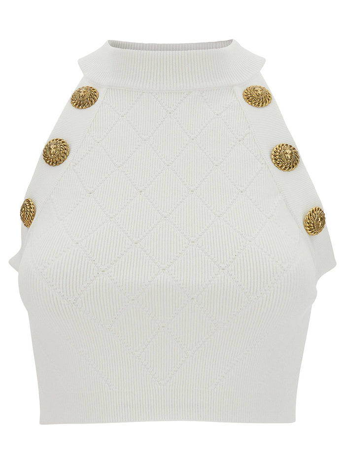 White Sleeveless Crop Top With Jewel Buttons Viscose Blend Woman Polyester