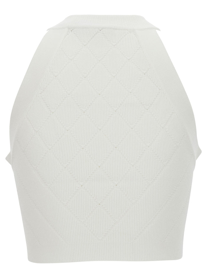 White Sleeveless Crop Top With Jewel Buttons Viscose Blend Woman Polyester