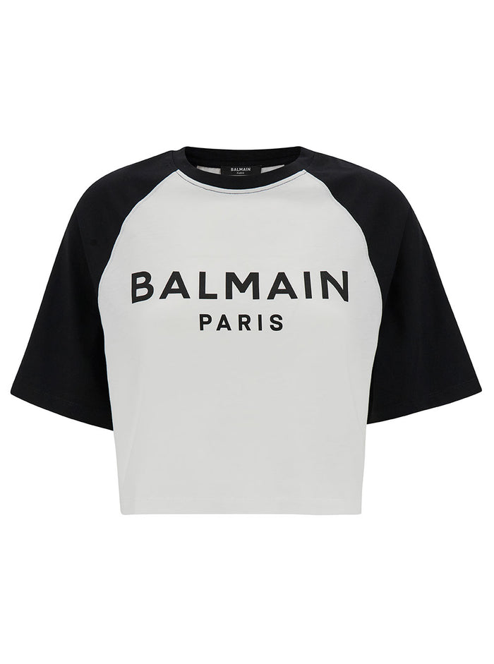 Balmain Printed Raglan Cropped T-Shirt White Cotton Tshirts And Polo Shirts