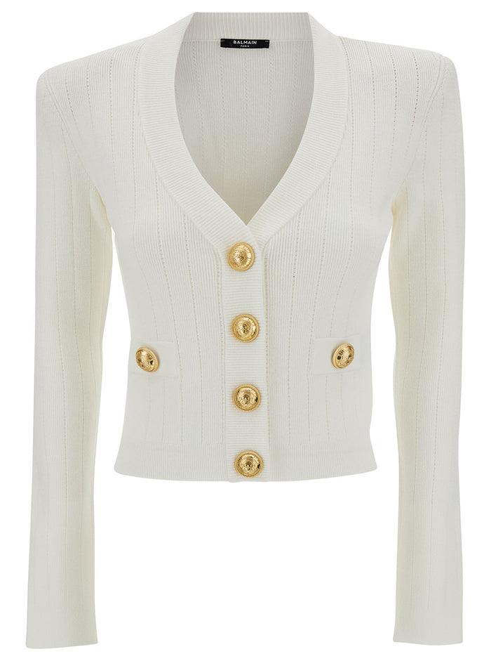 White Fitted Cardigan With V Neckline And Jewel Buttons Knit Woman Viscose Polyester Jersey