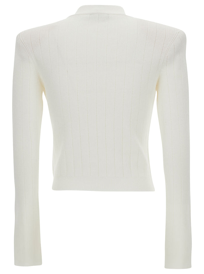 White Fitted Cardigan With V Neckline And Jewel Buttons Knit Woman Viscose Polyester Jersey