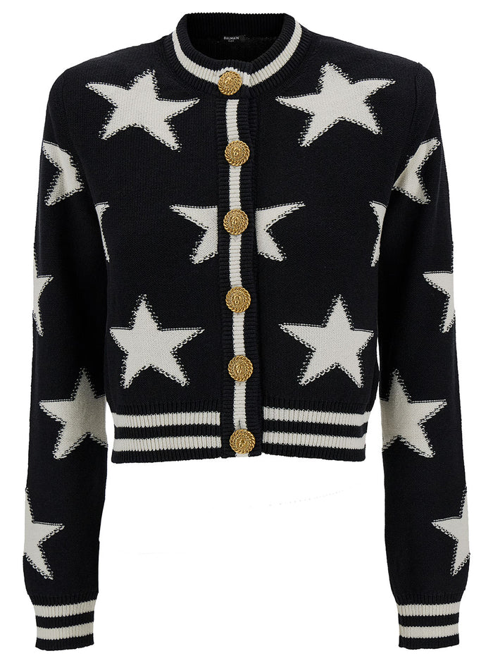 Buttonned Knit Stars Cropped Cardigan Black Viscose Polyester Jersey