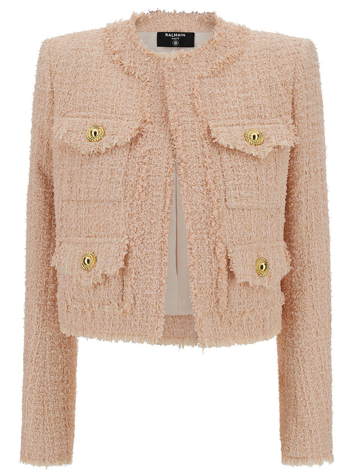 Pink Cropped Jacket With Patch Pockets Tweed Woman Polyamide Virgin Wool Cotton Blazers