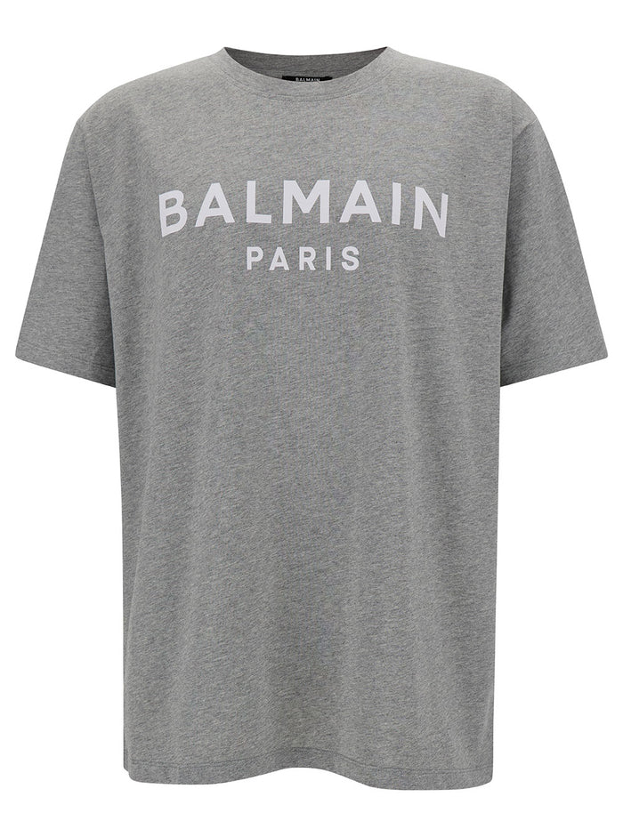 Grey Crew Neck T-Shirt With Logo Print On The Chest Cotton Man Organic Tshirts And Polo Shirts