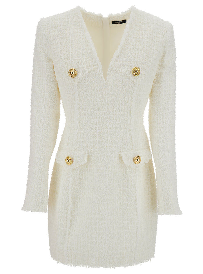 White Cropped Jacket With Jewel Buttons Tweed Woman Polyamide Virgin Wool Cotton Blazers