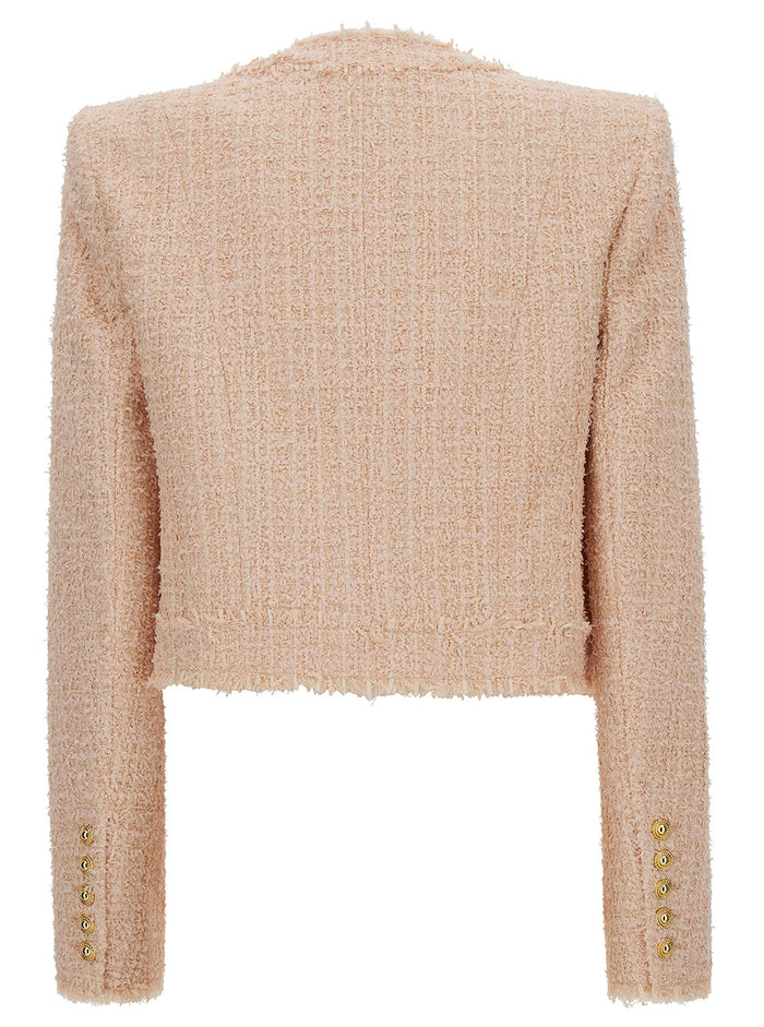 Pink Cropped Jacket With Patch Pockets Tweed Woman Polyamide Virgin Wool Cotton Blazers