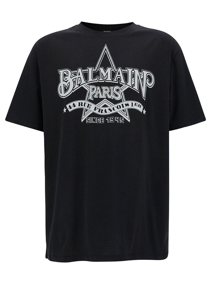 Black T-Shirt With Star Graphic Print Cotton Man Tshirts And Polo Shirts