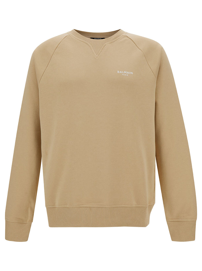 Beige Crewneck Sweatshirt With Contrasting Logo Print At The Front Cotton Man Organic Sweatshirts