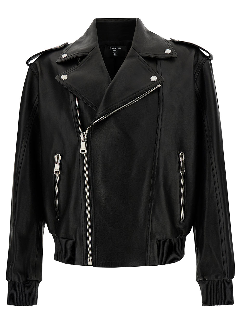 Black Biker Jacket With Revers Collar Leather Woman Lamb