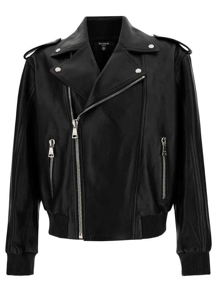 Black Biker Jacket With Revers Collar Leather Woman Lamb