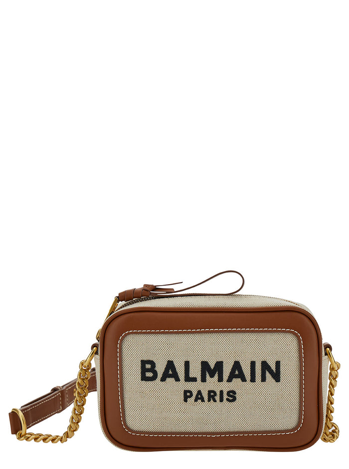 B-Army Brown Crossbody Bag With Contrasting Logo Detail Leather Woman Beige Cotton Linen