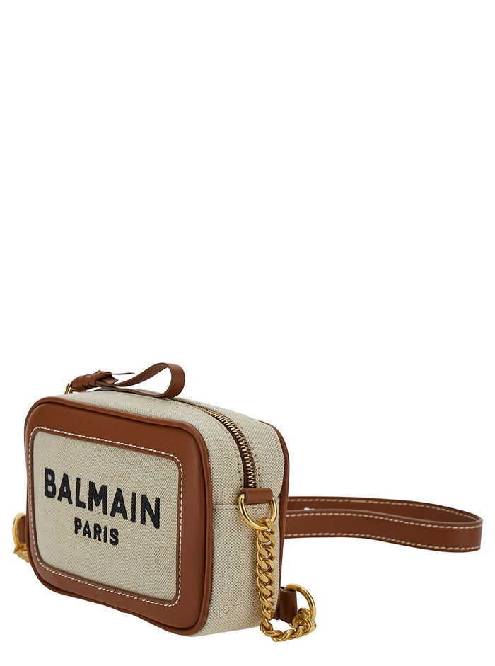 B-Army Brown Crossbody Bag With Contrasting Logo Detail Leather Woman Beige Cotton Linen
