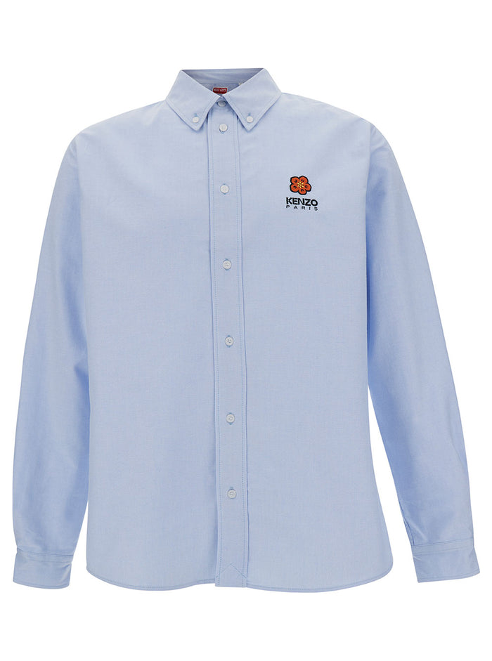 Light Blue Shirt With Flower Crest Embroidery Cotton Man And Blouses