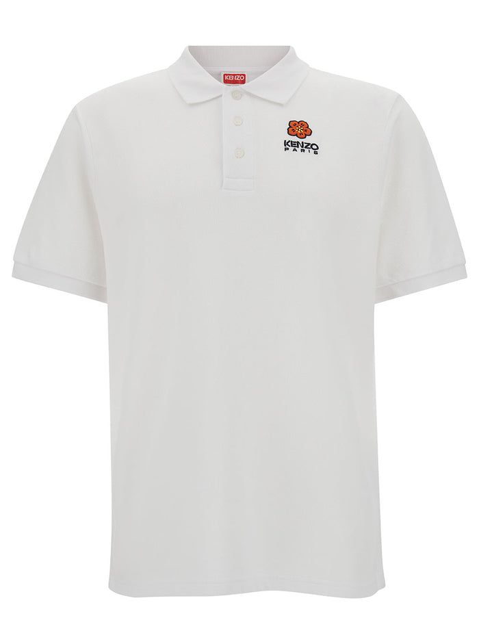 White Polo Shirt With Boke Flower Embroidery Cotton Man Tshirts And