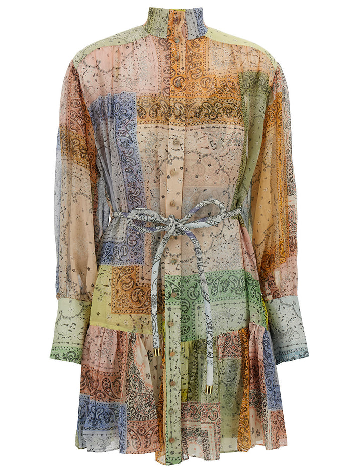 Mini Multicolor Patchwork Dress With Belt Cotton And Silk Woman