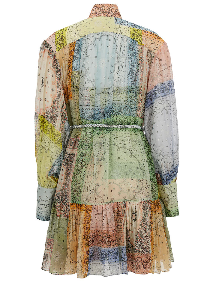 Mini Multicolor Patchwork Dress With Belt Cotton And Silk Woman