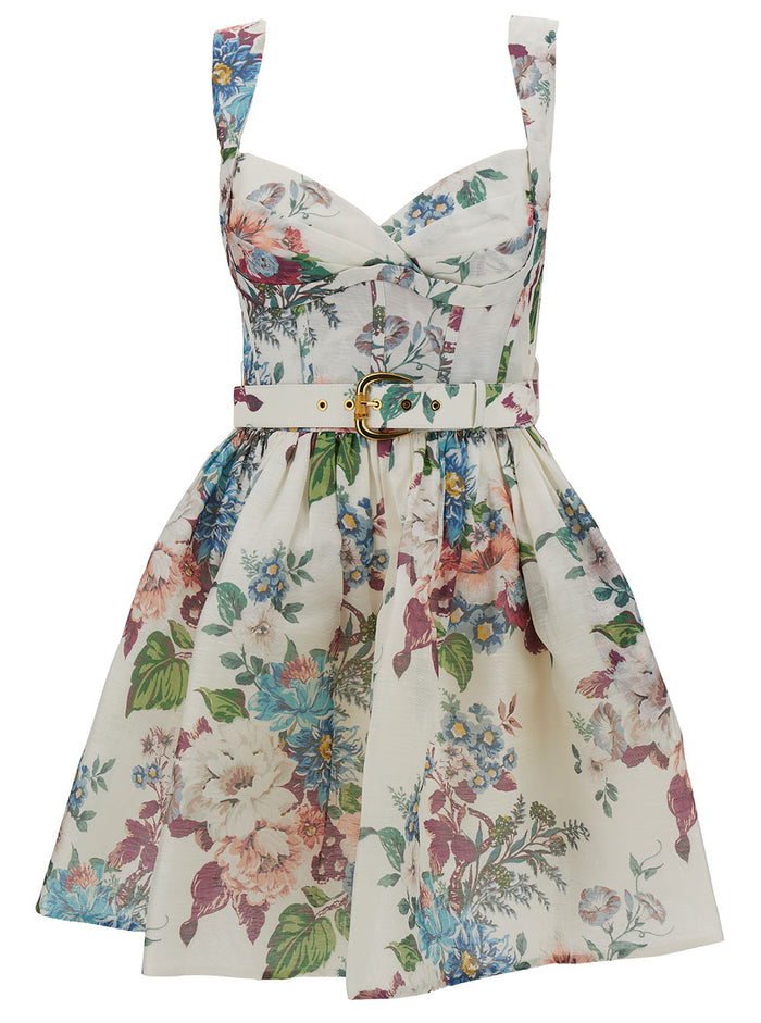 Mini Multicolor Dress With Belt And Floreal Print Linen Silk Woman