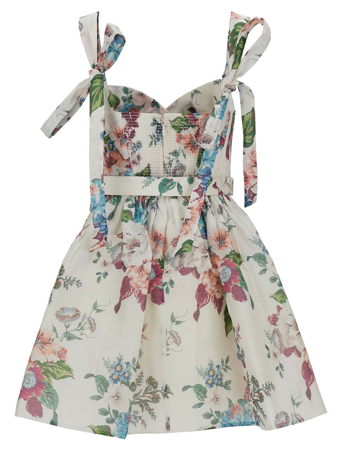 Mini Multicolor Dress With Belt And Floreal Print Linen Silk Woman