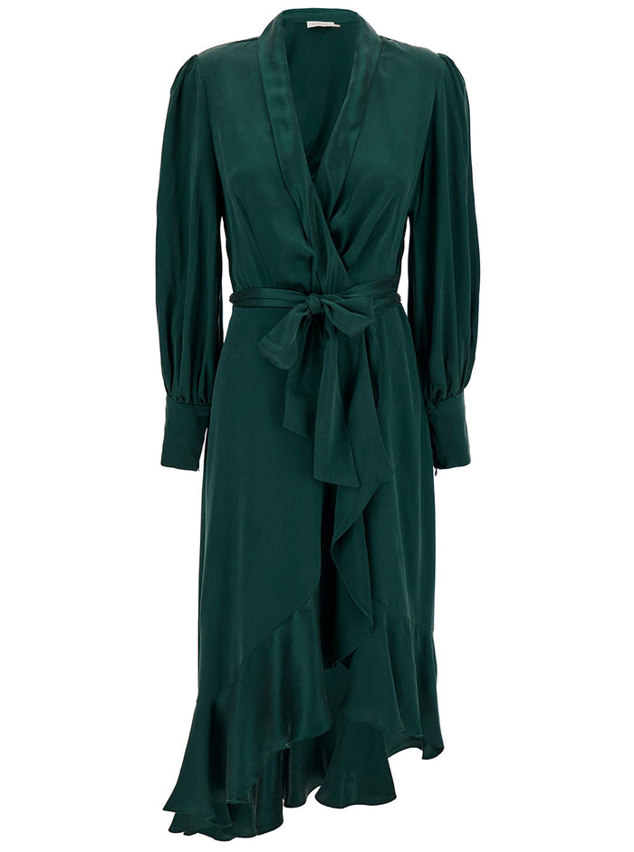 Midi Asymmetric Green Dress With Belt Silk Woman