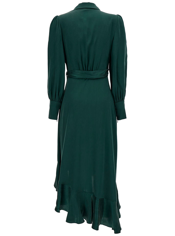 Midi Asymmetric Green Dress With Belt Silk Woman
