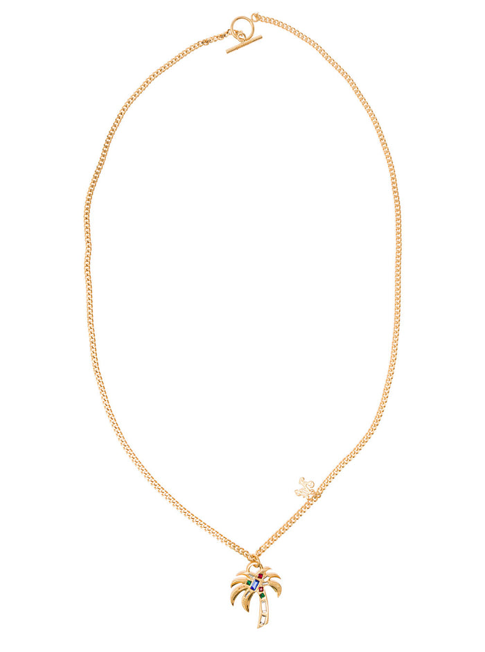 Gold-Colored Chain Necklace With Palm Pendant And Logo Charm Brass Man Metallic Necklaces