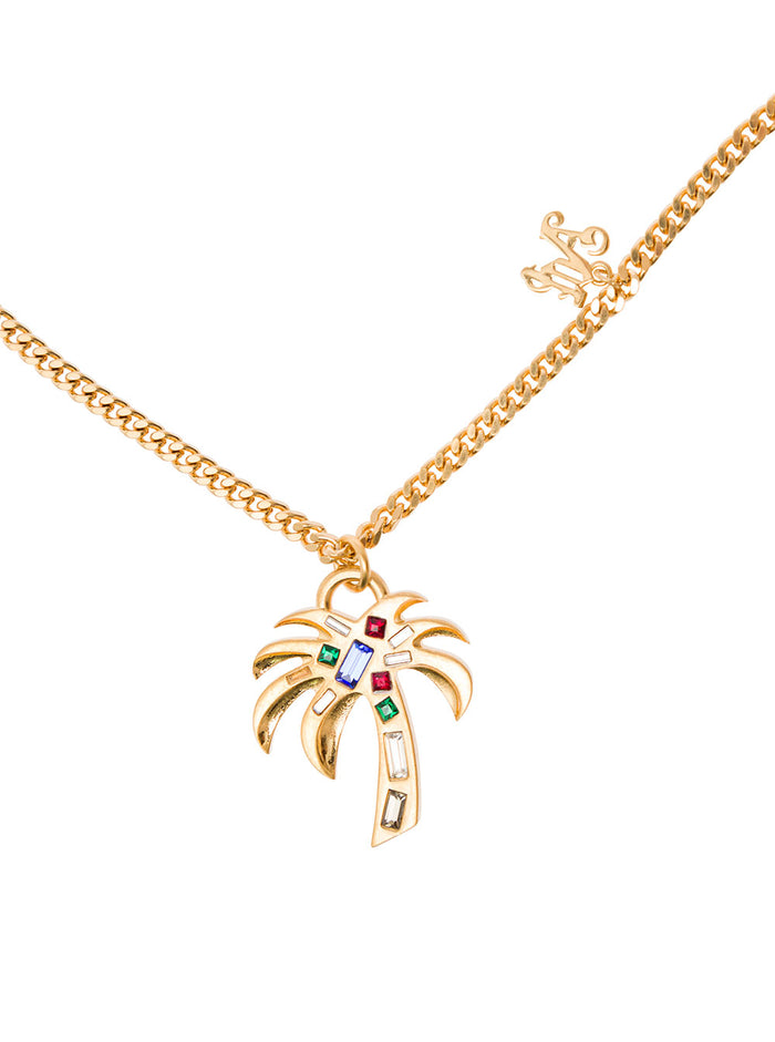 Gold-Colored Chain Necklace With Palm Pendant And Logo Charm Brass Man Metallic Necklaces