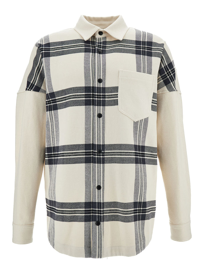 Black And White Overshirt With Check Logo Print Cotton Man Shirts Blouses