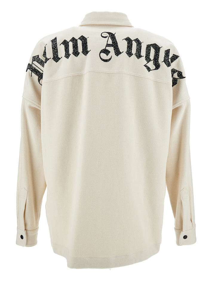 Black And White Overshirt With Check Logo Print Cotton Man Shirts Blouses