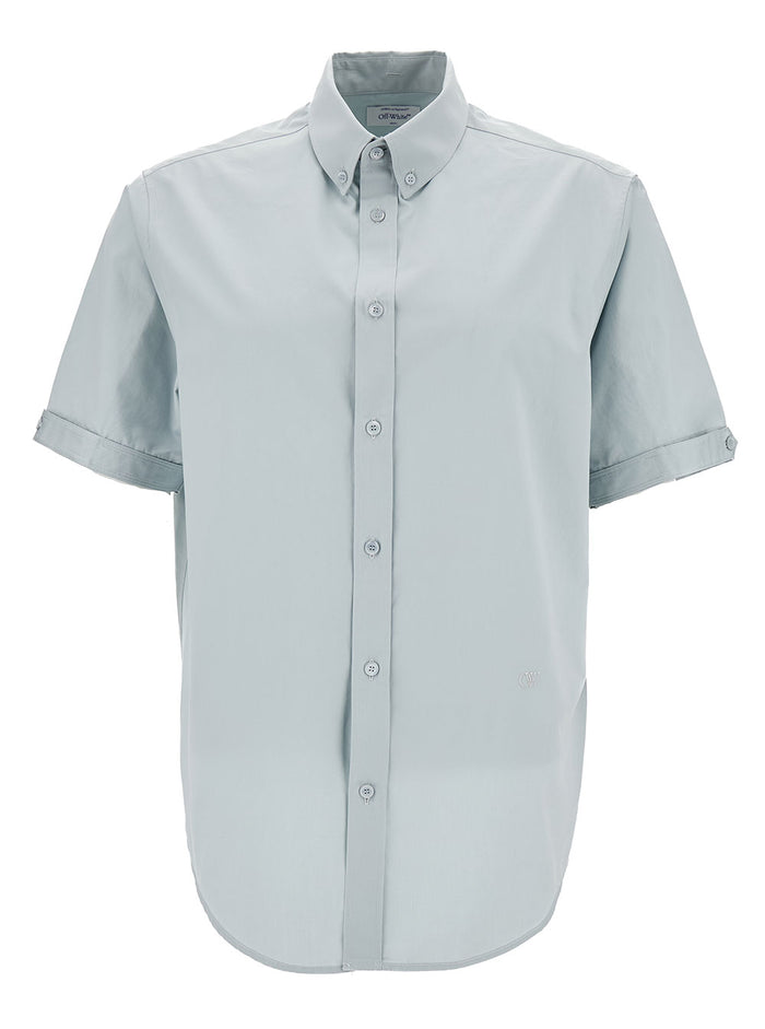 Light Blue Short Sleeve Shirt With Button-Down Collar Cotton Man Grey And Blouses