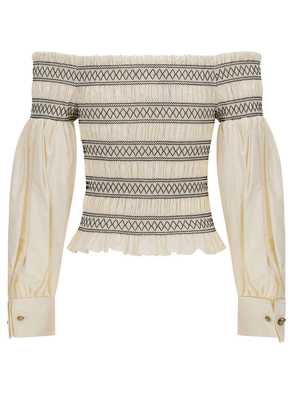 White Off-The-Shoulder Blouse With Gatherings Cotton Woman