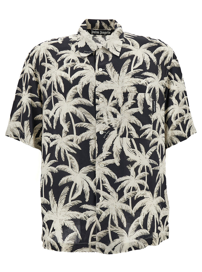 Black And White Short Sleeve Shirt With All-Over Palm Print Viscose Man Blouses