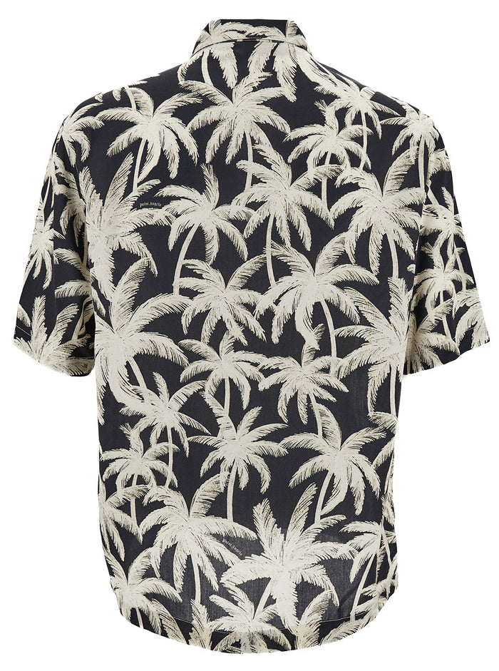 Black And White Short Sleeve Shirt With All-Over Palm Print Viscose Man Blouses