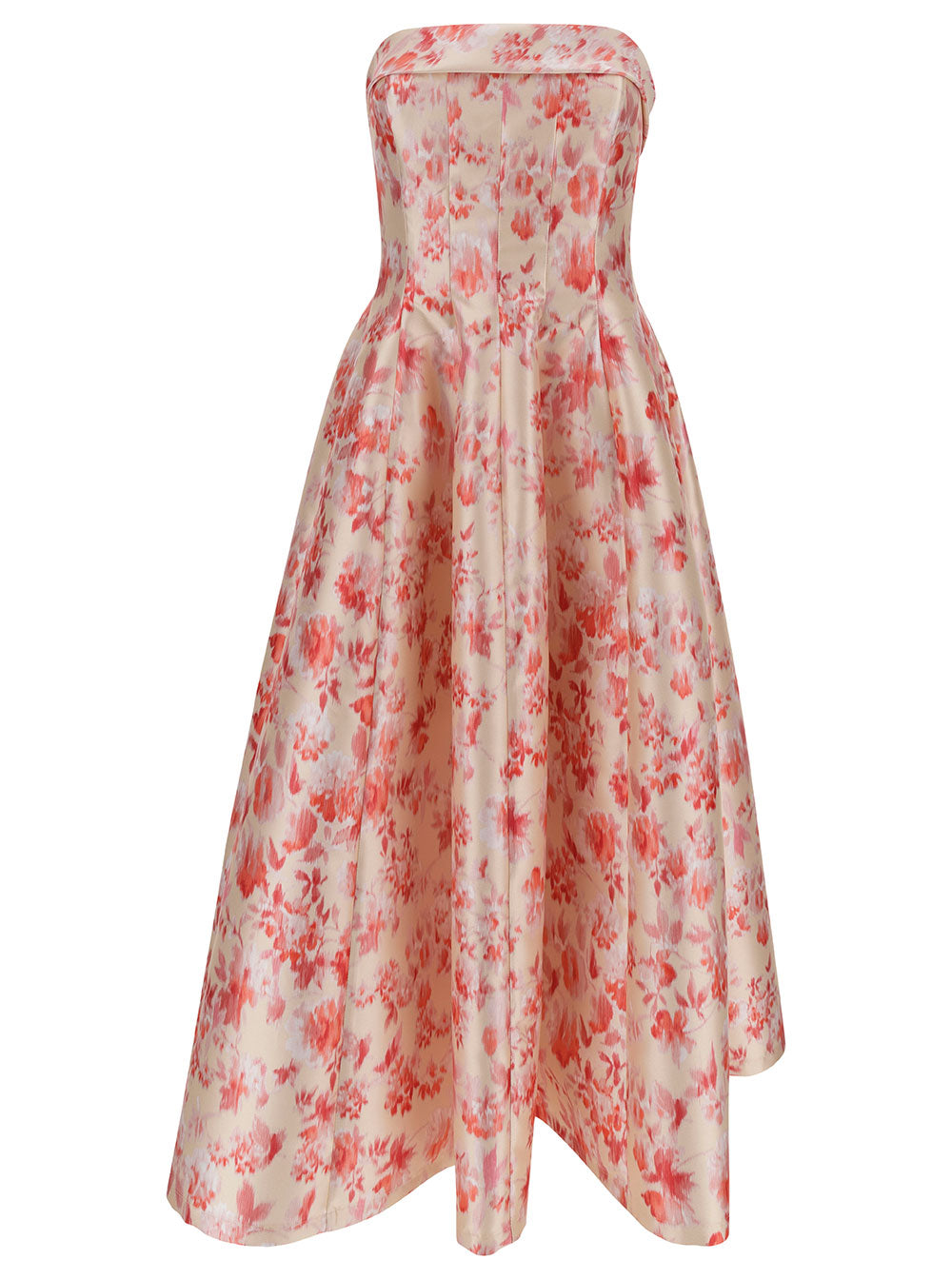 Longuette Pink Dress With Flared Skirt And Floreal Print Duchesse Woman Polyester Long