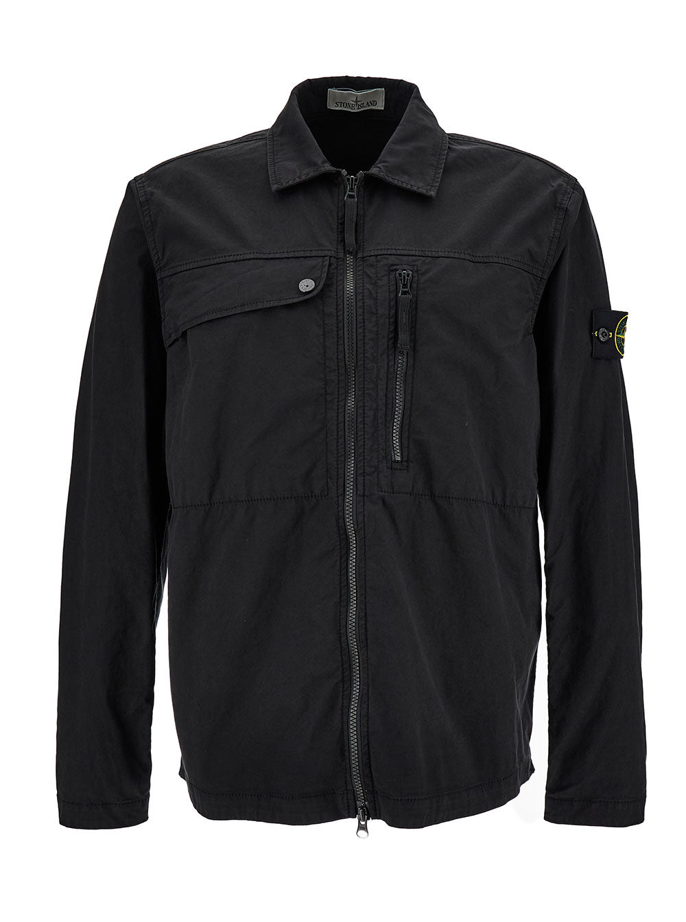 Black Overshirt With Logo Patch And Zip Closure Stretch Cotton Man Elastane Shirts Blouses