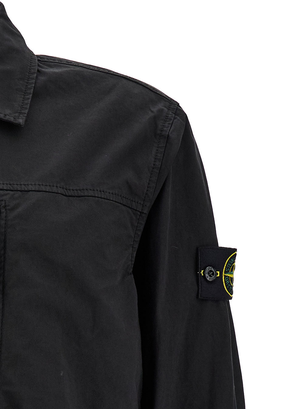 Black Overshirt With Logo Patch And Zip Closure Stretch Cotton Man Elastane Shirts Blouses